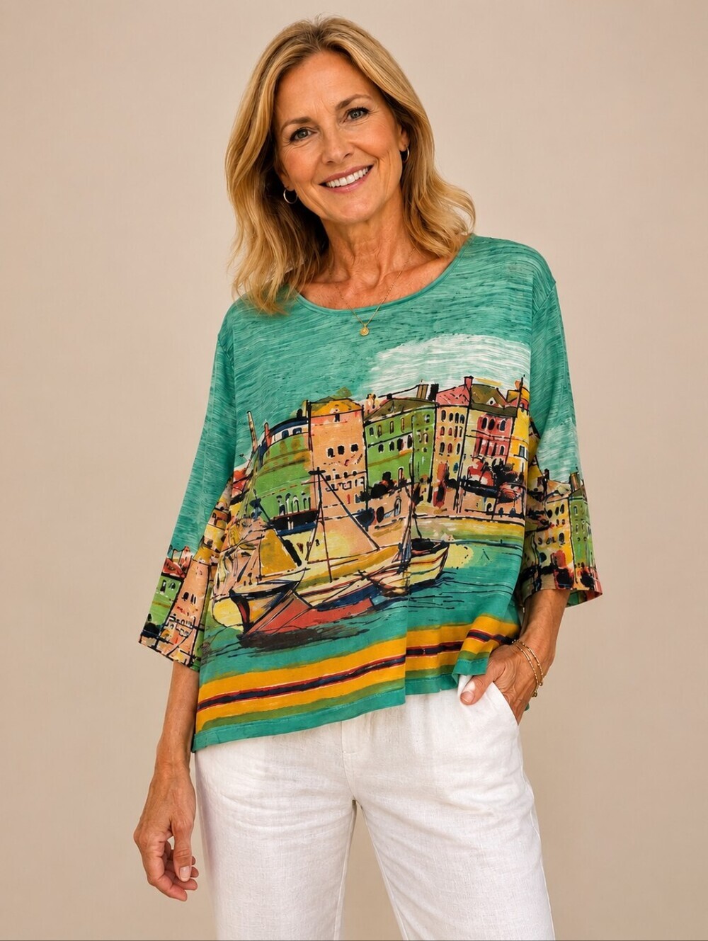 JANE ASHLEY Teal Graphic Cityscape Beaded Cotton Blouse